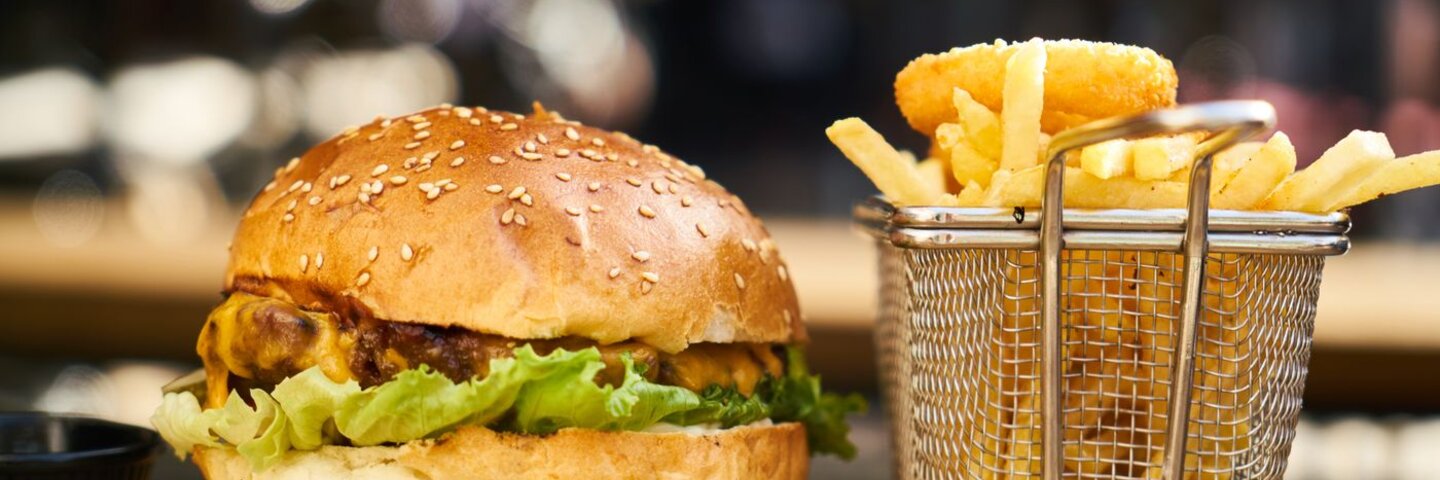 Burger and a basket of fries